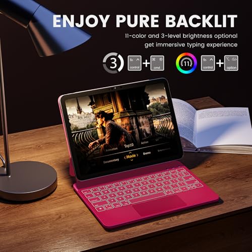 RAYMCRAFT for iPad 11th(A16, 2025)/10th Generation Case with Keyboard, Magic Keyboard 2022, Springy Backlit Keys, Stain-Resistant Surface, Multi-Touch Trackpad, Azalea Red - color: Azalea Red