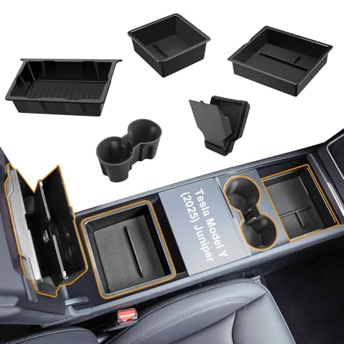 BANKKY 5PCS Center Console Organizer Tray for Tesla Model Y Juniper 2025 2026 Accessories Underseat Armrest Storage Cup Holder Hidden Compartment for Family Travel Kids Daily Commute Road Trips - size: 5PCS (25-26) Model Y (Juniper)
