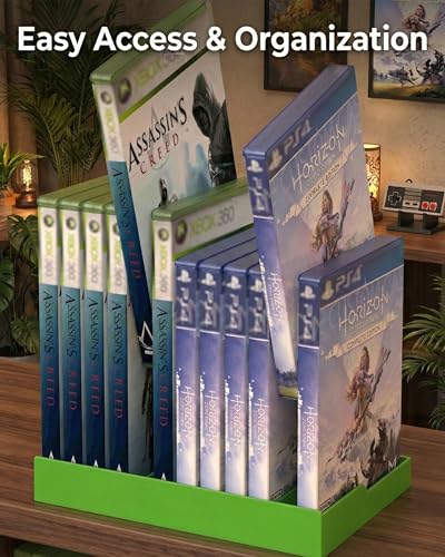 Video Game Storage Tower for PS5 / PS4 / Xbox Series X/Xbox One Game Cases, 12-Disc Capacity DVD & Blu-Ray Organizer Stand, Anti-Slip ABS Desktop Rack, No Assembly Required (1, Green) - color: Green