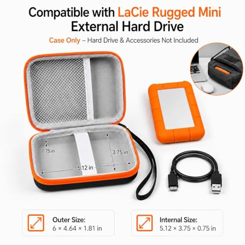 Case Compatible with LaCie Rugged Mini 1TB/ 2TB/ 4TB/ 5TB External Hard Drive Portable HDD, Storage Holder for Hard Drives for Mac and PC Computer & USB 3.0 2.0 Cable SD Cards (Orange) - color: Orange