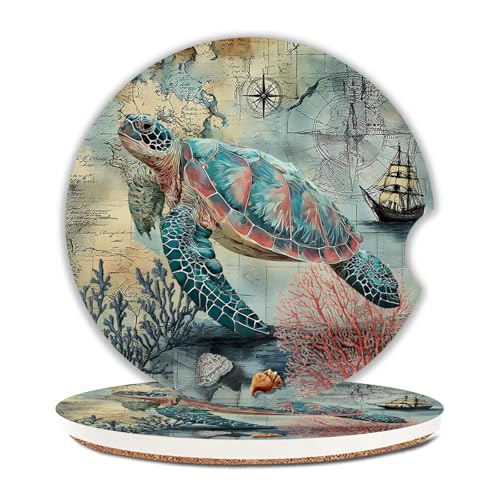 Sea Turtle Car Coasters Set of 2 for Cup Holder 2.63" Absorbent Ceramic Cup Coaster Non-Slip Cork Base Drink Coasters with Finger Notch Car Accessories Interior for Women Men - color: Sea Turtle