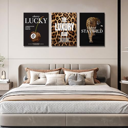 Fashion Leopard Wall Art Set of 3, Trendy Animal Print Canvas Wild Cheetah Inspirational Lucky 8 Ball Painting Wall Decor Artwork for Girls Bedroom Living Room Office Bar Home Decor 12x16 in Framed - color: Black Leopard, size: 16"Lx12"W