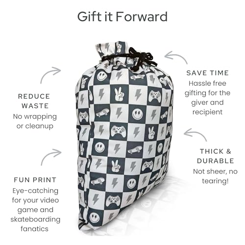 Gather & Knot Drawstring Gift Bags | 20" Large 12" Small | Premium Canvas | Reusable Fabric Wrap for Boy Birthday | Happy Smiley Face | Skateboard - color: Skateboard