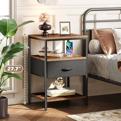 SUPERJARE Night Stand with Charger Station, 27.7 Inch Tall Nightstand with Adjustable Fabric Drawer, Bed Side Table, Fabric Drawer Dresser for Bedroom, Living Room, Rustic Brown and Black - color: Rustic Brown and Black, size: L (15.7"D x 17.7"W x 27.7"H)