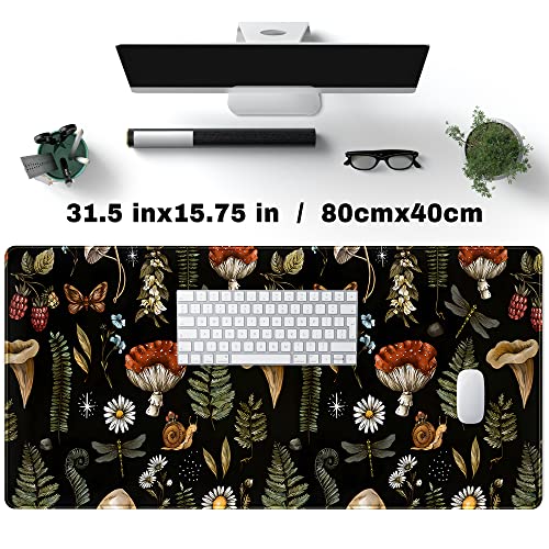 Black Mouse Pad Cottage Core Aesthetic Mouse Pads Mushroom Desk Pad Vintage Mouse Pad Forest Magic Nature Large Desk Pad Ergonomic Mouse Pads with Stitched Edges Non-Slip Computer Mat 31.5x15.7 in - color: B-magic Mushroom