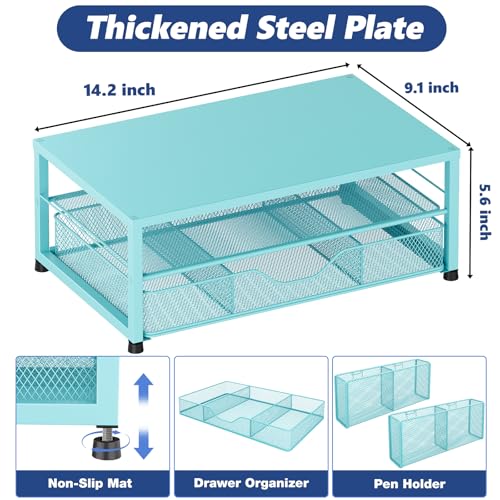 OPNICE Desk Organizers and Accessories, 2-Tier Computer Monitor Stand Riser with Drawer and 2 Pen Holders, Laptop Stand, Office Desk Accessories for Office Supplies, Teal Blue - color: Teal Blue 1-Pack, size: Single