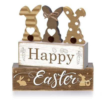 4 Pcs Easter Table Decor Happy Easter Neutral Bunny Tiered Tray Decorations Set Spring Cute Bunny Rabbit Rustic Farmhouse Wooden Stack Block Signs Party Tabletop Decor for Home Office Gift - style: Happy Easter