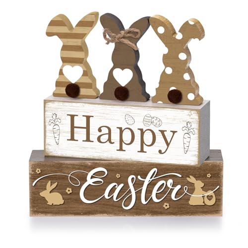 4 Pcs Easter Table Decor Happy Easter Neutral Bunny Tiered Tray Decorations Set Spring Cute Bunny Rabbit Rustic Farmhouse Wooden Stack Block Signs Party Tabletop Decor for Home Office Gift - style: Happy Easter