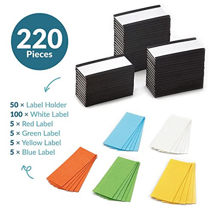 50 Pack"C" Channel Magnetic Label Holders 1x2 with 100 White Card Inserts, 50 Clear Plastic Protectors and Bonus 20 Colorful Cardstock Inserts in Blue, Green, Yellow and Red - Double-Sided Cards