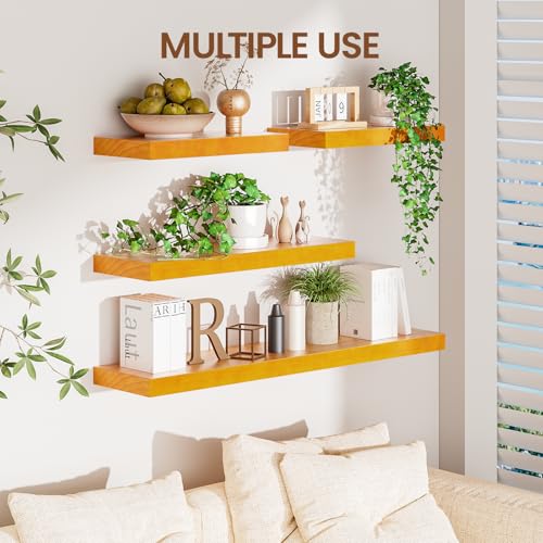 Heimlove Pine Wood Floating Shelves, 8 Inch Deep Real Wood Shelves Set of 2, Wall Mounted Rustic Wood 24x8 Floating Shelf with Invisible Brackets for Bedroom Kitchen Living Room - Honey Oak - color: Honey Oak, size: 24”Wx8”Dx1.6”H