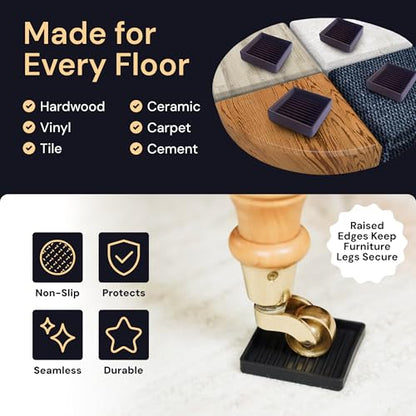 CasterMaster Non-Slip Rubber Pads - 2x2 in Black, 8 Pack | Rubber caster cups & feet - anti-skid - Use for furniture, keep from sliding, scratch protection - color: Black, size: 2'' x 2'' (Pack of 8)
