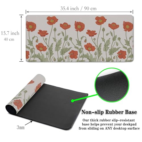 Gaming Mouse Pad Red Work Desk Mat, Large Mouse Pads Computer Deskmat, The Desk Mat Non-Slip Rubber Base Waterproof with Stitched Edges, 35.4" X 15.7" for Work/Game/Office/Home Poppies Flower - color: Red Poppies Flower