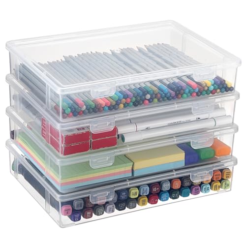 BTSKY Clear Plastic Storage Box with Flap Lid, Multipurpose Craft Organizers and Storage Box Art Supply Storage Organizer Plastic Sewing Box for Beads Pencils Notebooks, 4 Pack Medium - size: Medium-4 Pack