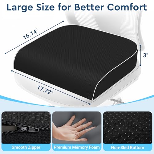 Seat Cushion, Memory Foam Office Chair Cushions for Long Sitting Hours, Chair Pad for Sciatica, Coccyx, Tailbone, Hip Pain & Pressure Relief, Office, Home, Car Seats, Airplane, Black/Large - color: Black, size: Large