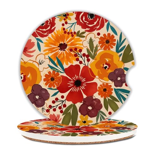 Floral Car Coasters for Cup Holders Set of 2 Colorful Flowers Absorbent Ceramic Cup Coaster 2.63" Non-Slip Cork Base Drink Coasters with Finger Notch Car Accessories Interior - color: Colorful Flowers