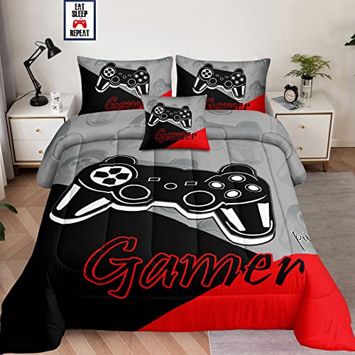 lris Bedding Queen Gamer Comforter Sets for Boys,5 Piece Bed in A Bag Gaming Bedding Set for Kids,Game Console Pattern Bed Set with Flat Sheet,Fitted Sheet,Pillowcases,Cushion Cover - color: A03 Red, size: Queen