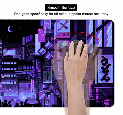 Dark Purple Japanese Anime Desk Mat, Retro Vaporwave Large Gaming Mouse Pad for Laptop Computer, Neon Tokyo Street Pixel Art Full Desk Mouse Pad, XXL Skyline City Mousepad- 35.4 x 15.7 Inch - color: Neon Tokyo Street Pixel Art