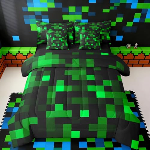 jejeloiu Pixelated Neon Green Black Queen Size Comforter Set with Sheets，Pillowcases & Cushion Cover 7 Piece Bedding Set Super Soft Kids Girls Boys Bedroom Decor Gamepad Grid Bed in a Bag - color: Neon Green Black, size: Queen