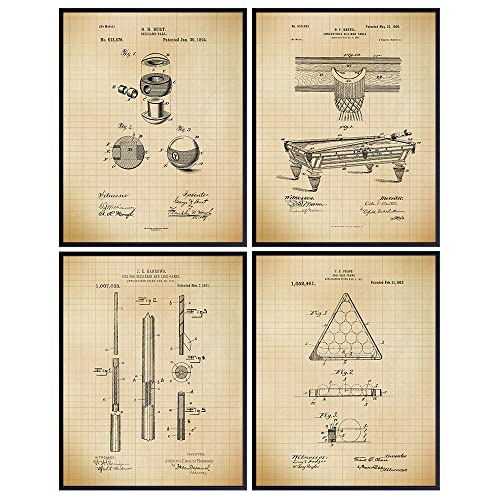 Billiards Patent Art Prints - Vintage Retro Wall Art Poster Set - Chic Modern Home Decor for Game Room, Man Cave, Bar, Den, Office - Great Gift for Men, Pool Players - Set of 4-8x10 Photo - Unframed