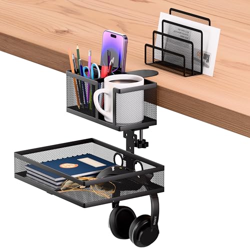 6-in-1 Clamp On Desk Organizer with Cup Holder & 360° Rotating Under Desk Drawer, Swappable Parts, Easy to Install Standing Desk Drawer Attachment, Space-Saving for Home & Office