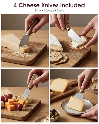 100% Acacia Wood Charcuterie Board Gift Set with Handle & 4 Cheese Knives | Natural Wood Grain | Smooth Polished Finish | Charcuterie & Cheese Board |Hosting & Everyday Serving |Premium Gift Box - size: 15.7"