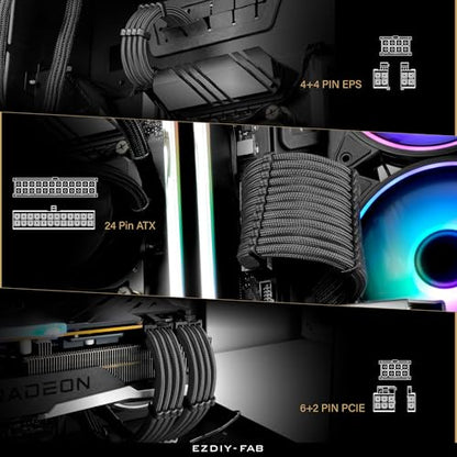 EZDIY-FAB PSU Extension Cable Sleeved Custom Mod PC Power Supply Cable, Soft Nylon Braided with Comb Kit 24PIN/8PIN to 6+2Pin/ 8PIN to 4+4PIN-30CM -Carbon - color: Carbon