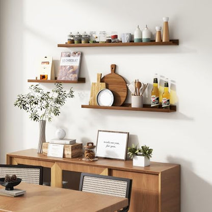 FLYJOE Picture Ledge Wall Shelves - Set of 3, 56 inches Width, Solid Pine Wood Rustic Floating Ledge Shelves for Kids' Room, Bedroom, Kitchen, Bathroom, Walnut - color: Walnut, size: 56'', set of 3