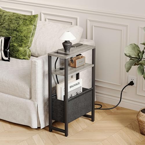 Narrow Side Table with Charging Station Slim End Table Sofa with Magazine Rack, Bedside Table for Small Spaces, 3 Tier Nightstand for Living Room Couch, Bedroom Oak Grey LET503QE - color: Oak Grey, style: With Charging Station