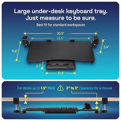 Keyboard Tray | Under Desk Keyboard Tray Slide Out w/Adjustable C-Clamps for Desks Up to 1.5-Inch-Thick | Clamp On Drawer with 1x USB-C to 4 USB-A Hub and 1x Five-Cable Management Organizer