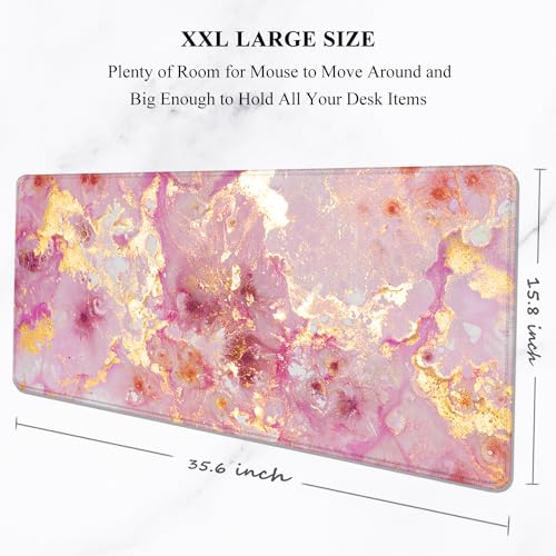 Auhoahsil Large Mouse Pad, XXL Gaming Mousepad, Desk Mat for Desktop, Thick Rubber, Big & Long Size, Stitched Edges, Full Desk Pad for Laptop & Computer, Extended 35.4 x 15.7 in, Pink Gold Marble - color: 05 Pink Gold Marble, size: 35.5L x 15.7W inches