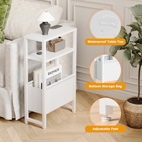 Narrow Side Table, Slim End Table with Magazine Rack, Skinny Bedside Table for Small Spaces, 3 Tier Sofa Couch Table Nightstand for Living Room, Bedroom, White LET503W - color: White, style: No Charging Station