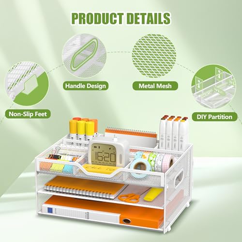 3 Tier Desk Orgnizers and Accessories, Metal Magazine File Holder with Pencil Holder and Handles, Space Saving Desk File Trays for School Office Supplies(White) - color: 3-tier-white