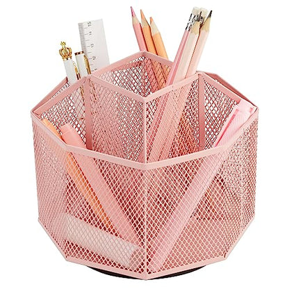 Annova Mesh Desk Organizer Rotate with 5 Compartments Spinning Tidy Candy/Pen Holder Office, Art Supply, Storage, Classroom, Home (Light Pink) - color: Light Pink