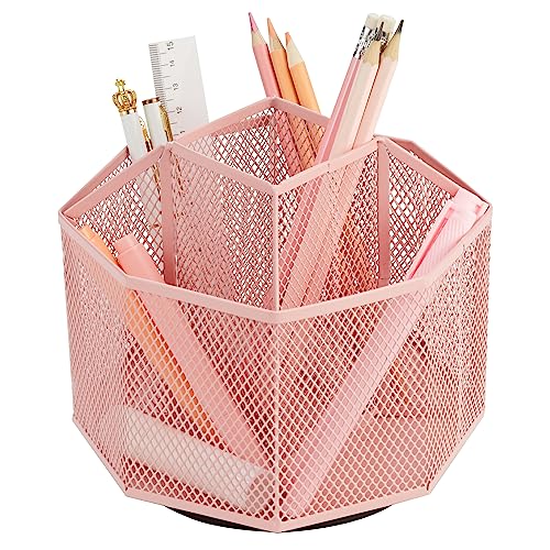 Annova Mesh Desk Organizer Rotate with 5 Compartments Spinning Tidy Candy/Pen Holder Office, Art Supply, Storage, Classroom, Home (Light Pink) - color: Light Pink