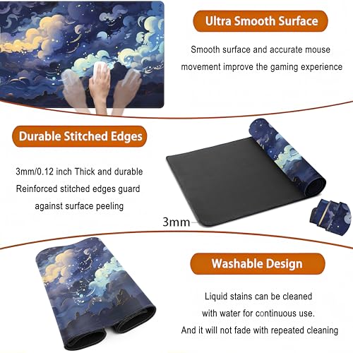 Blue Clouds Desk Mat Large XXL Gaming Mouse Pad Non-Slip Rubber Base Mousepad, Cool Office Desktop Decor Desk Pad, Computer Laptop Keyboard and Mouse Mat with Stitched Edges, 31.5x15.75 in - color: Blue Clouds