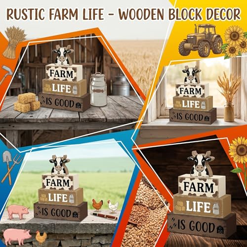 4 Pcs Farm Life Kitchen Table Decor for Home Black and White Cow Stacked Wood Sign Farmhouse Cow Country Tiered Tray Decor Farm Rustic Dairy Kitchen Decorations for Shelf Mantel Table - style: Black and White Cow