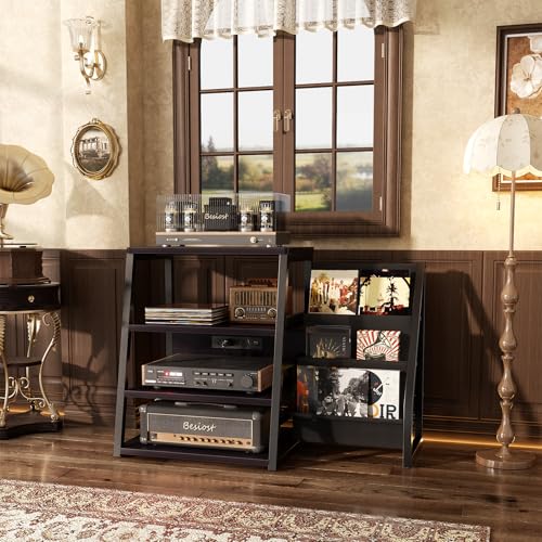 AV Media Stand with Outlets, Stereo Stands and Racks with Vinyl Storage, Stereo Stand with Record Storage, Audio Stereo Rack Cabinet, Turntable Console Stand with LED lights, 4 Tiers, Black Ebony
