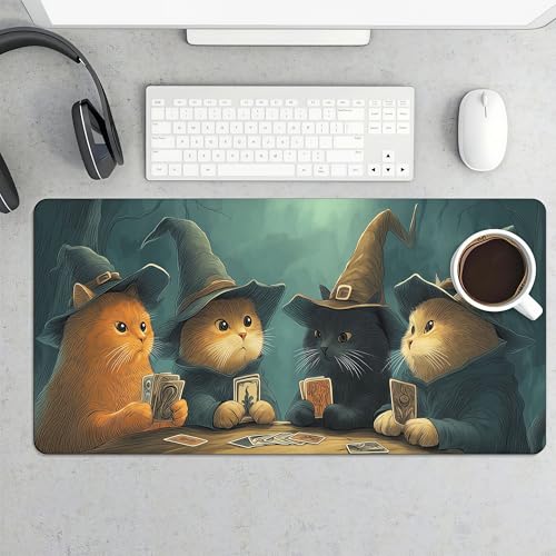 Wizard Cats Playing Cards Playmat, 35.4 x 15.7 Inches, Board Game Mat, Whimsical Fantasy Art Desk Mat | Mouse Pad - color: Cats Playing Cards