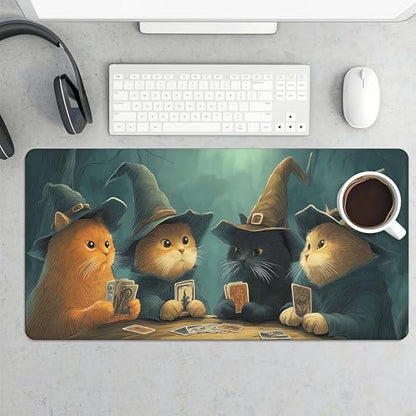 Wizard Cats Playing Cards Playmat, 35.4 x 15.7 Inches, Board Game Mat, Whimsical Fantasy Art Desk Mat | Mouse Pad - color: Cats Playing Cards