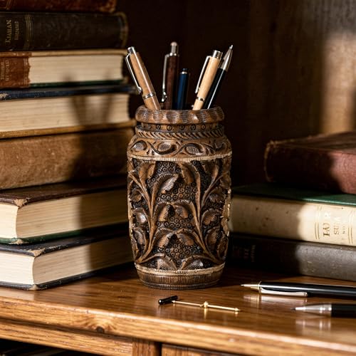 Craft Trade Hand Carved Wooden Pen Holder & Pencil Cup, Natural Wood Desk Organizer Storage Box - Leaf Maroon - color: Leaf Maroon