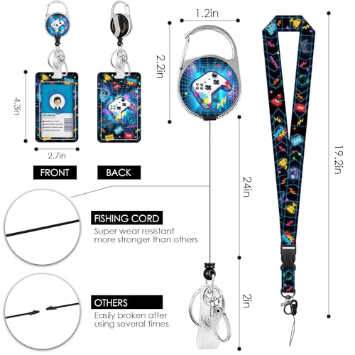 Gaming Lanyards for ID Badge, Gift for Teacher Nurse Women Men | Blue Game Lanyard ID Card Holder with Retractable Reel Clip and Keychain, Identity Badge Cover Case Protector - color: Game-blue