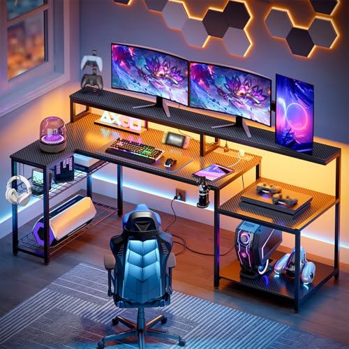 Bestier LED Gaming Desk with Power Outlets, 71 inch L Shaped Computer Desk with Monitor Stand, Large Desk with Printer Stand Adjustable Shelf, Cup Holder & Hooks, Home Office Desk Black | Carbon Fiber Desktop, 20 Static 22 Dynamic RGB Modes, Storage Rack,