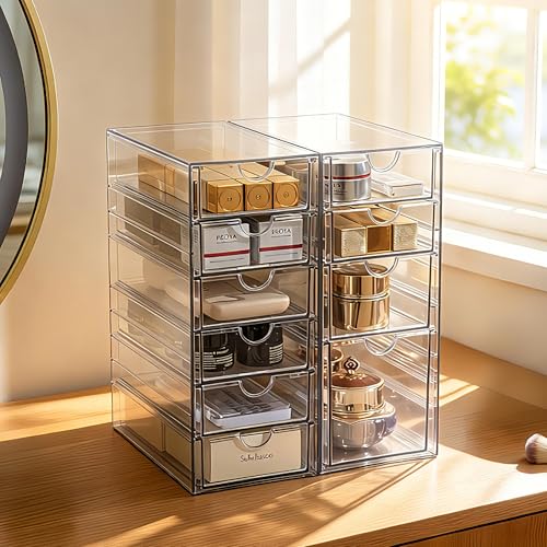 Prsildan Hair Accessories Organizer Acrylic Drawer with 10 Drawers | Clear, Craft Art Supply Storage, For Office Desk Bathroom Vanity Countertop, Set of 2 - style: 10 Drawers