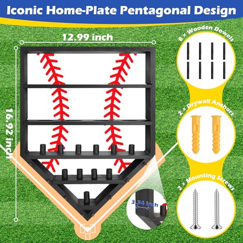 Baseball Ring Display Case - Solid Wood Wall Mounted Baseball Holder for Balls, Championship Rings, Medals & Trophies - Perfect Baseball Fan Gift (Black)