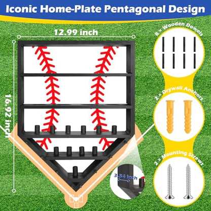 Baseball Ring Display Case - Solid Wood Wall Mounted Baseball Holder for Balls, Championship Rings, Medals & Trophies - Perfect Baseball Fan Gift (Black)