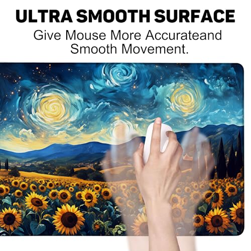 Sunflowers Under A Starry Night Sky Gaming Mouse Pad Large Desk Mat Extended Keyboard Anime Mousepad with Non-Slip Base and Stitched Edge for Desk Home Office Gaming,35.4 x 15.7 Inch - color: Sunflowers under A Starry Night Sky, size: 15.7*35.4inch