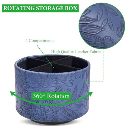 Round Leather Art Supply Organizer,Remote Control Holder,360 Degree Spinning,Multi-Functional Pencil Holder,4 Compartments Desktop Stationary Organizer(1-Carved Blue) - color: 1-Carved Blue