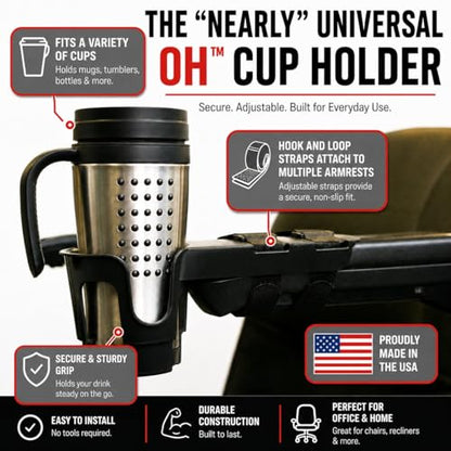 Wheelchair Cup Holder for Armrests – Nearly Universal OH for Power Chairs, Mobility Scooters & Stadium Seats – No-Clamp Adjustable Strap-On Drink Holder - Removable Beverage Holder - Black