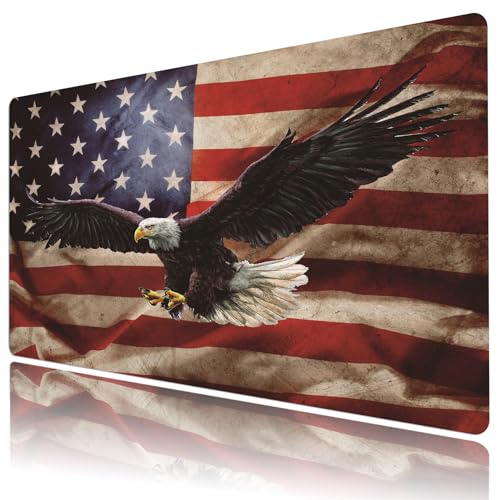 EOBTAIN Gaming Large Mouse Pad Vintage American Flag Desk Mat for Keyboard and Computer 31.5x15.7 Inch Non-Slip Rubber USA Bald Eagles XXL Mousepad with Stitched Edges for Office Laptop and Home - color: Red