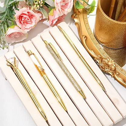 Sabary 8 Pcs Gold Pens with Pen Holder for Desk Glitter Crystal Diamond Cute Ballpoint Fancy Pencil Holder Bling Desk Organizer for Women Girls School Office Supplies Wedding Graduation Gifts - color: Gold